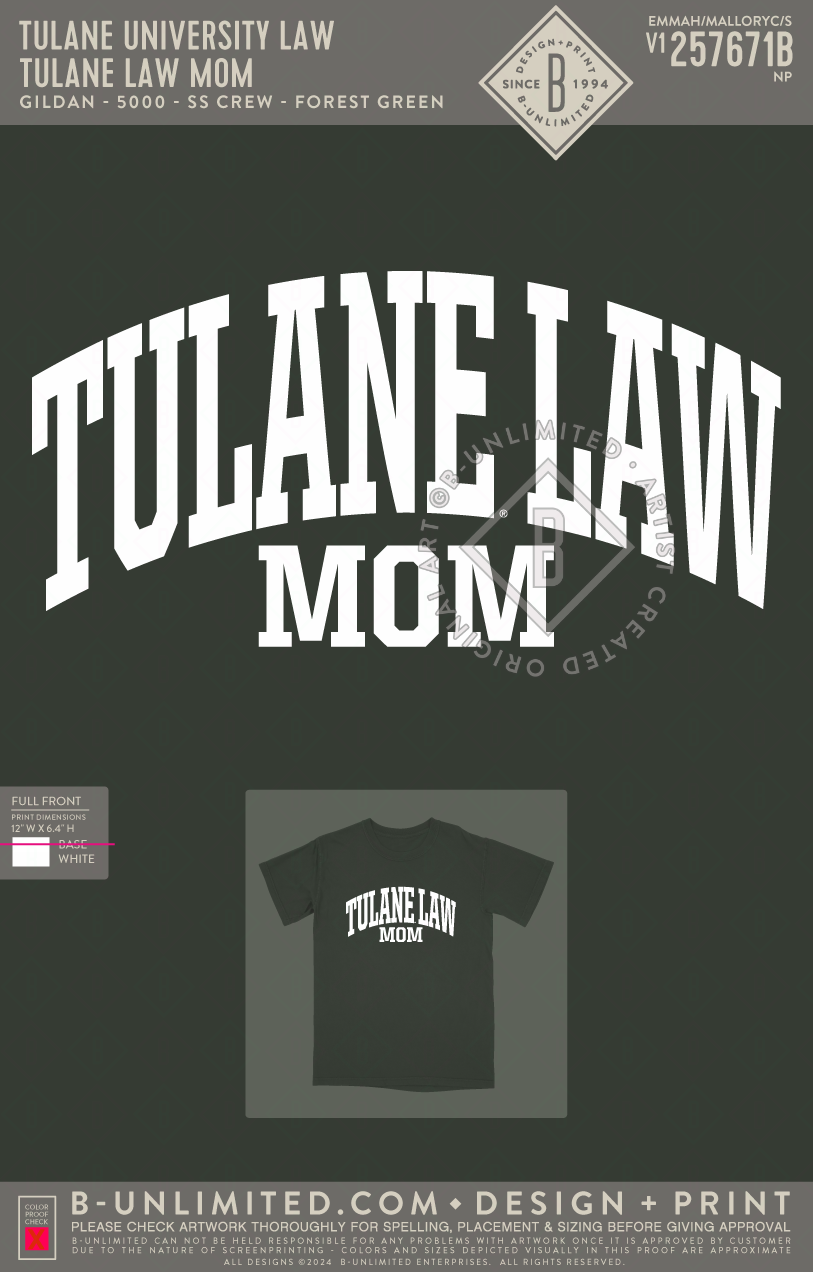 Tulane University Law - Tulane Law Mom - Gildan - 5000 - SS Crew - Forest Green