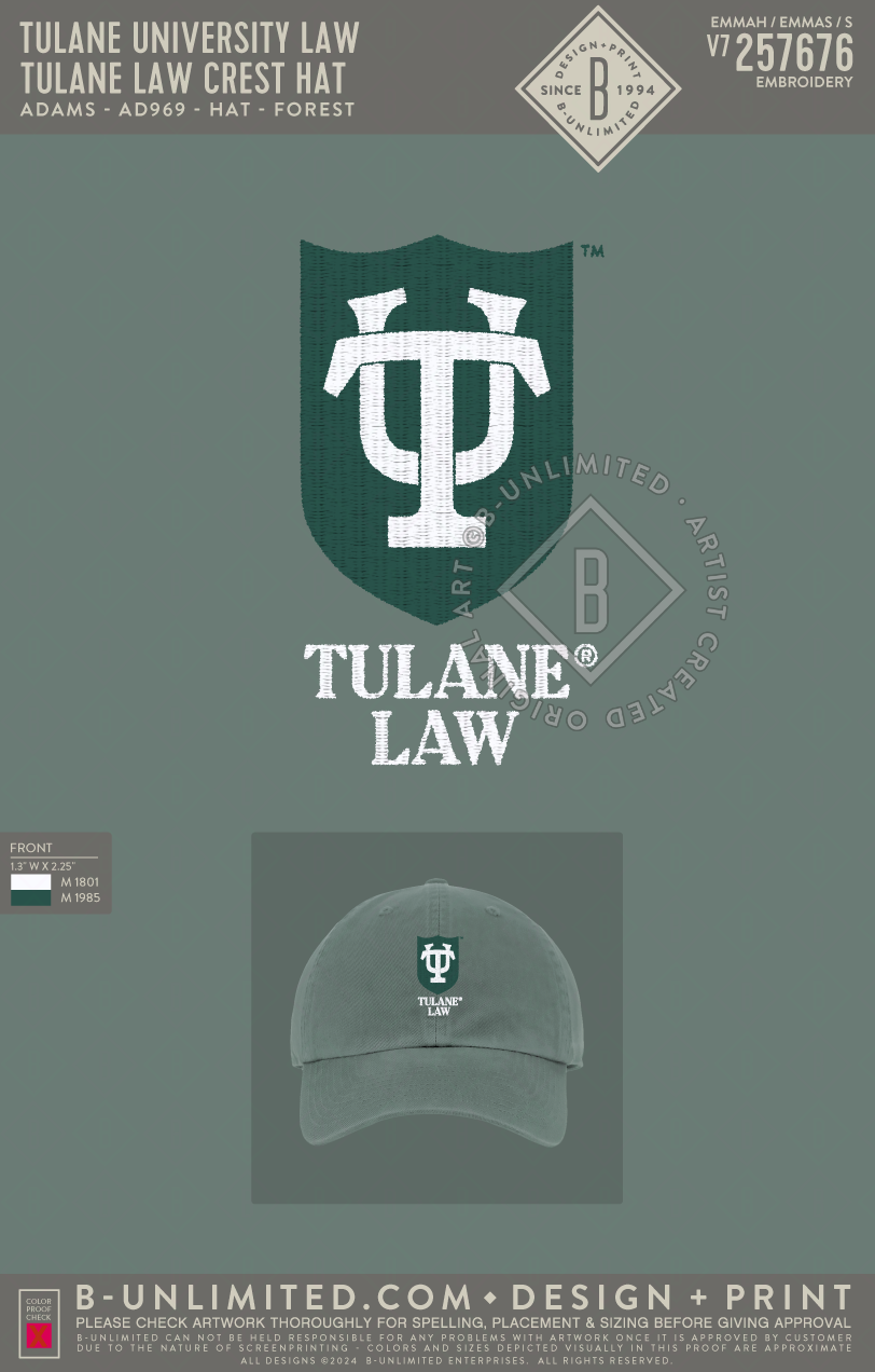 Tulane University Law - Tulane Law Crest Hat - Adams - AD969 - Hat - Forest