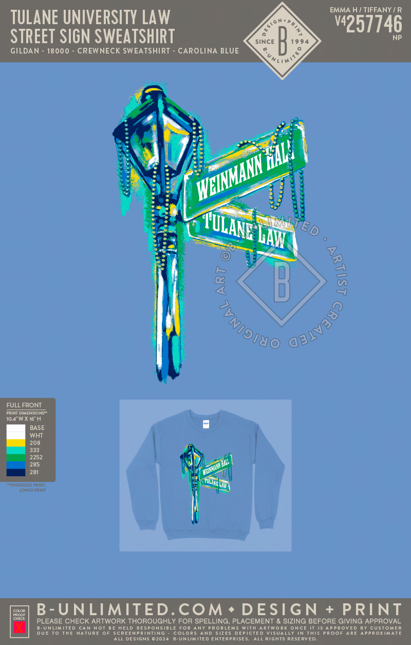 Tulane University Law - Street Sign Sweatshirt - Gildan - 18000 - Crewneck Sweatshirt - Carolina Blue