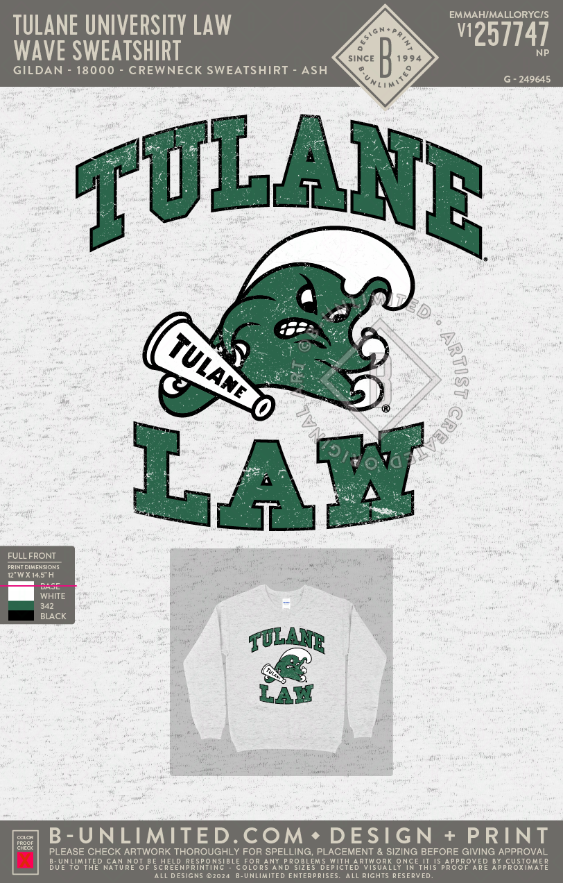 Tulane University Law - Wave Sweatshirt - Gildan - 18000 - Crewneck Sweatshirt - Ash Grey
