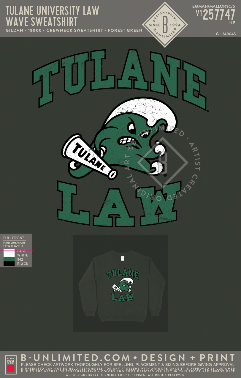 Tulane University Law - Wave Sweatshirt - Gildan - 18000 - Crewneck Sweatshirt - Forest Green