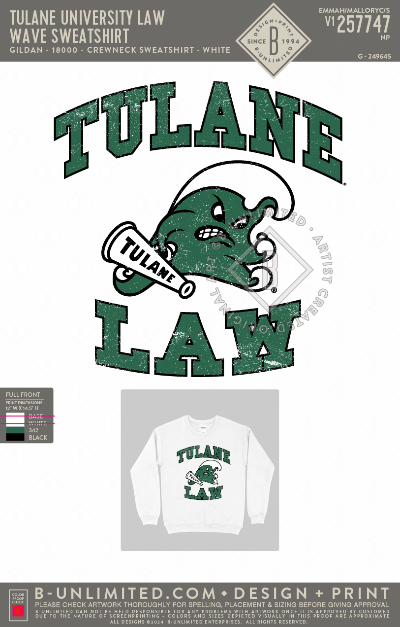 Tulane University Law - Wave Sweatshirt - Gildan - 18000 - Crewneck Sweatshirt - White