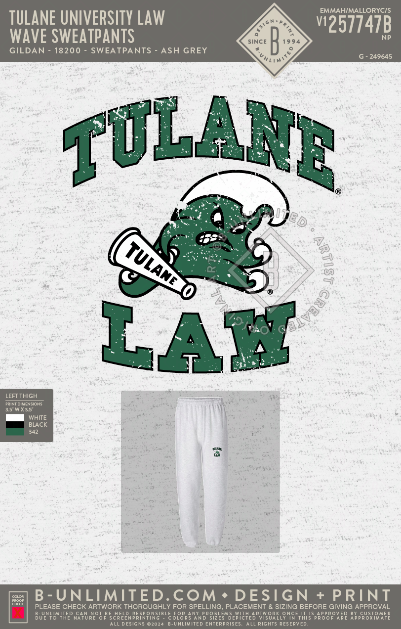 Tulane University Law - Wave Sweatpants - Gildan - 18200 - Sweatpants - Ash Grey