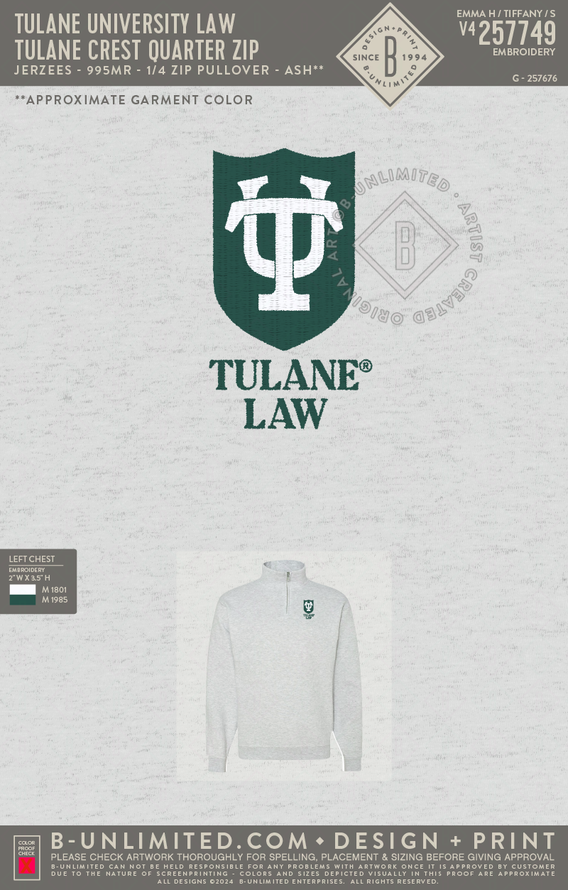 Tulane University Law - Tulane Crest Quarter Zip - Jerzees - 995MR - 1/4 Zip Pullover - Ash