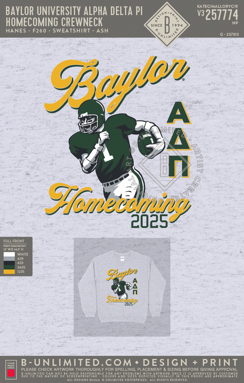 Baylor University Alpha Delta Pi - Homecoming Crewneck - Hanes - F260 - Sweatshirt - Ash