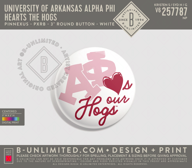 University of Arkansas Alpha Phi - Hearts the Hogs - PinNexus - PXRB - 3" Round Button - White