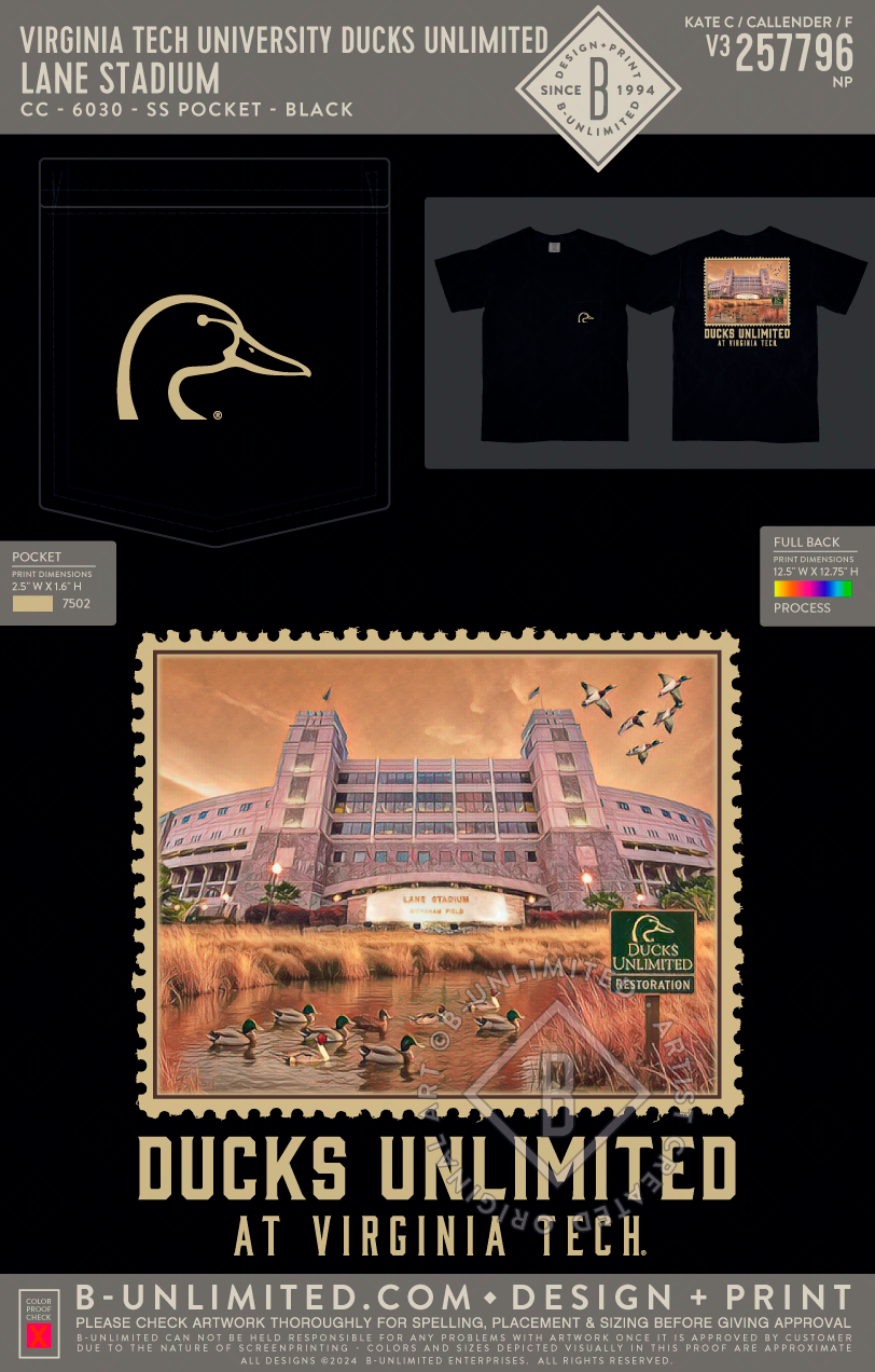 Virginia Tech University Ducks Unlimited - Lane Stadium - CC - 6030 - SS Pocket - Black
