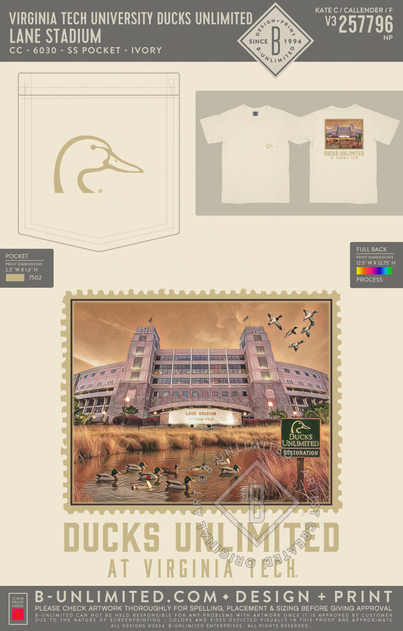 Virginia Tech University Ducks Unlimited - Lane Stadium - CC - 6030 - SS Pocket - Ivory
