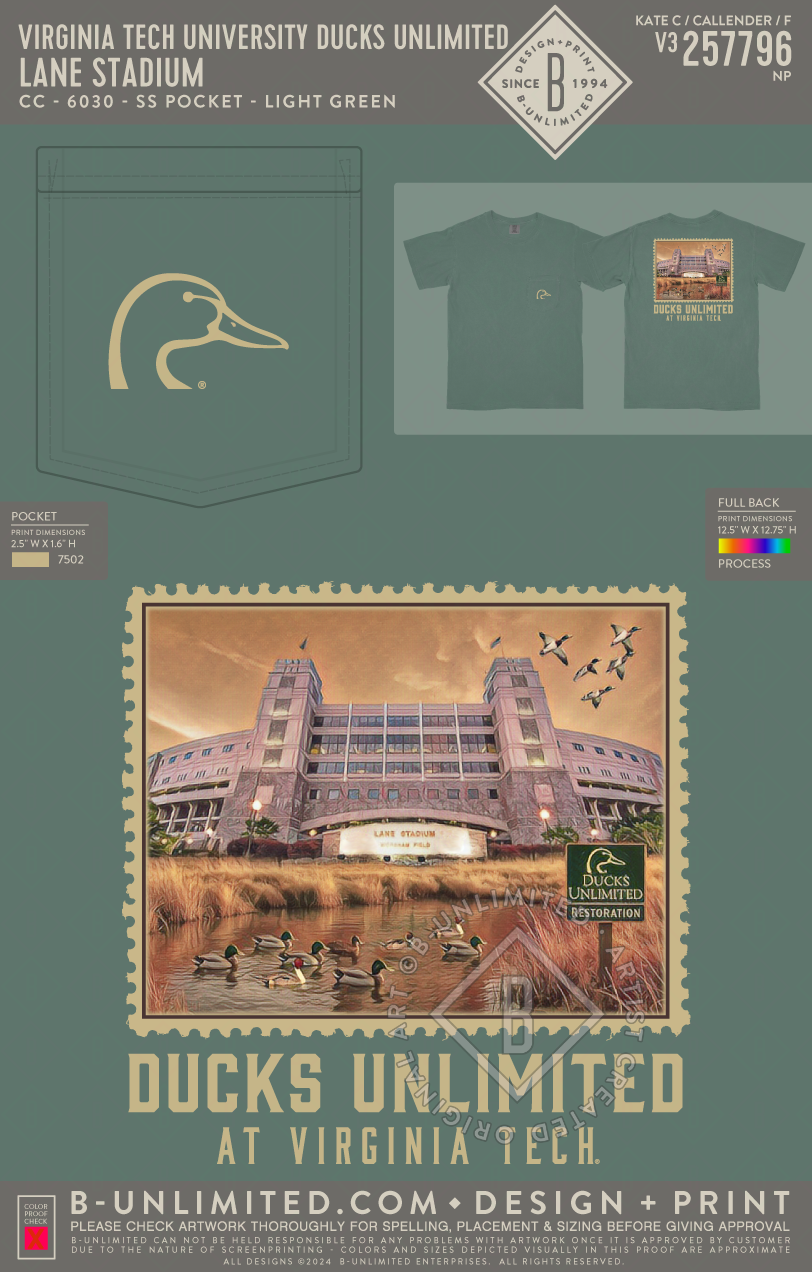 Virginia Tech University Ducks Unlimited - Lane Stadium - CC - 6030 - SS Pocket - Light Green