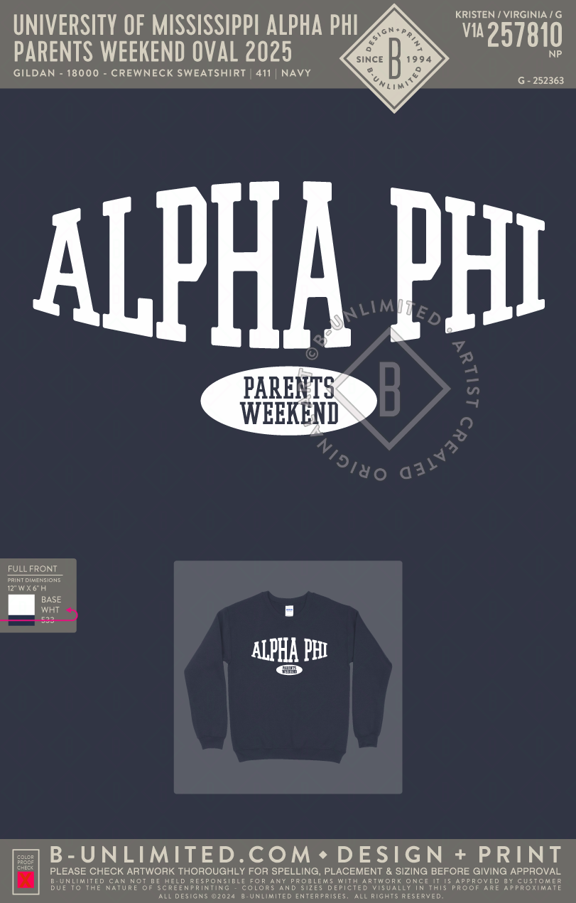 University of Mississippi Alpha Phi - Parents Weekend Oval 2025 - Hanes - F260 - Sweatshirt - Navy