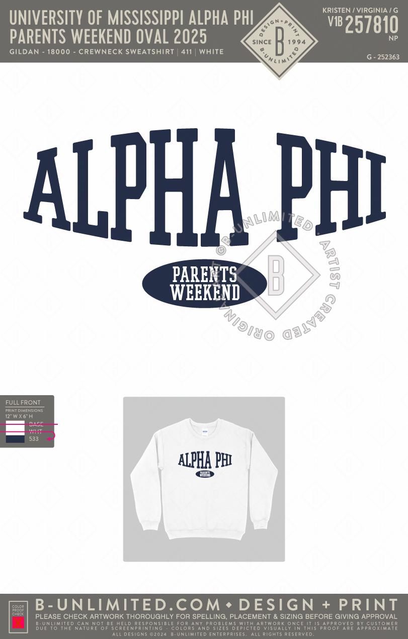 University of Mississippi Alpha Phi - Parents Weekend Oval 2025 - Hanes - F260 - Sweatshirt - White