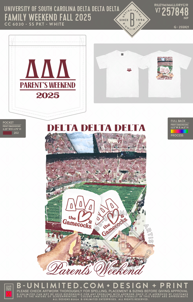 University of South Carolina Delta Delta Delta - Family Weekend Fall 2025 - White Shirt - CC - 6030 - SS Pocket - White