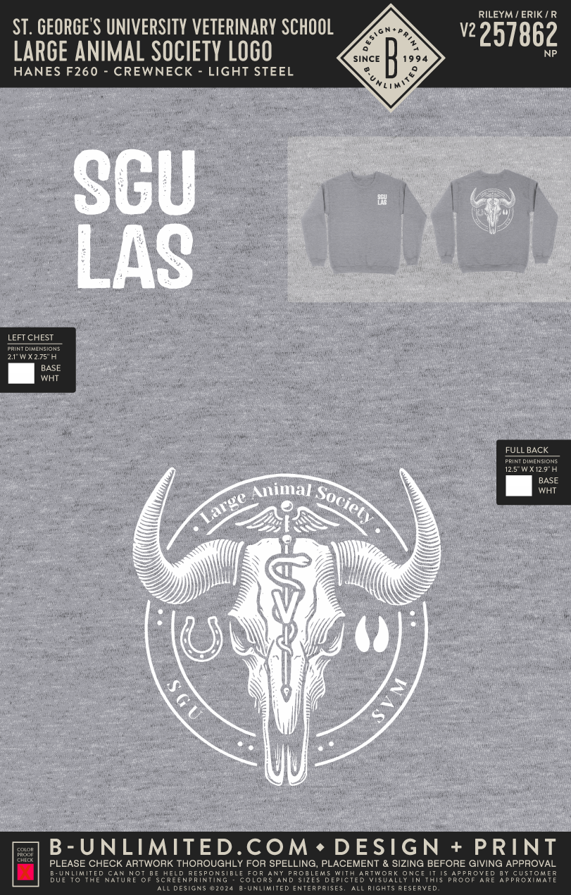 St. George's University Veterinary School - Large Animal Society Logo - Hanes - F260 - Sweatshirt - Light Steel