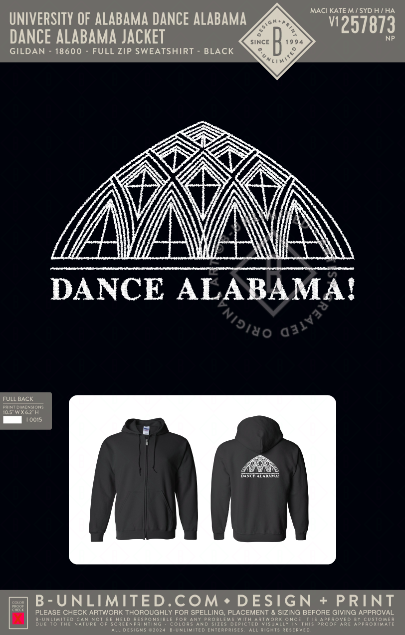 University of Alabama Dance Alabama - Dance Alabama Jacket - Gildan - 18600 - Full Zip Sweatshirt - Black