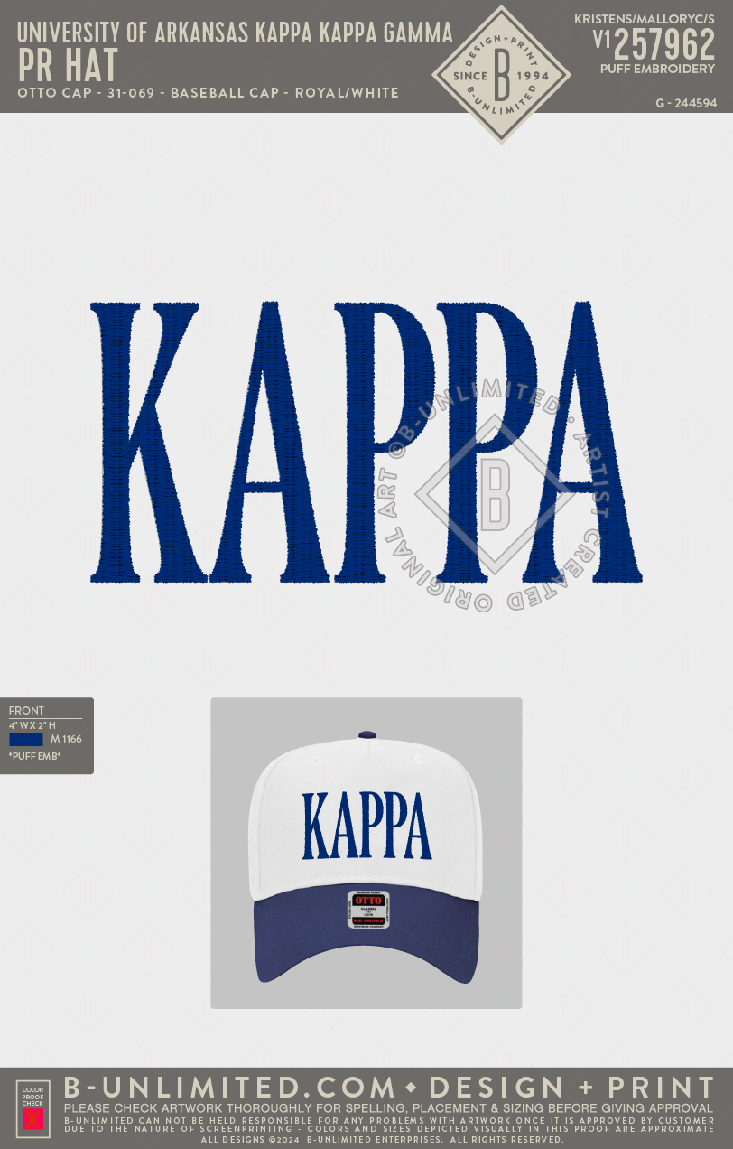 University of Arkansas Kappa Kappa Gamma - PR Hat - Otto Cap - 31-069 - Baseball Cap - Royal/White