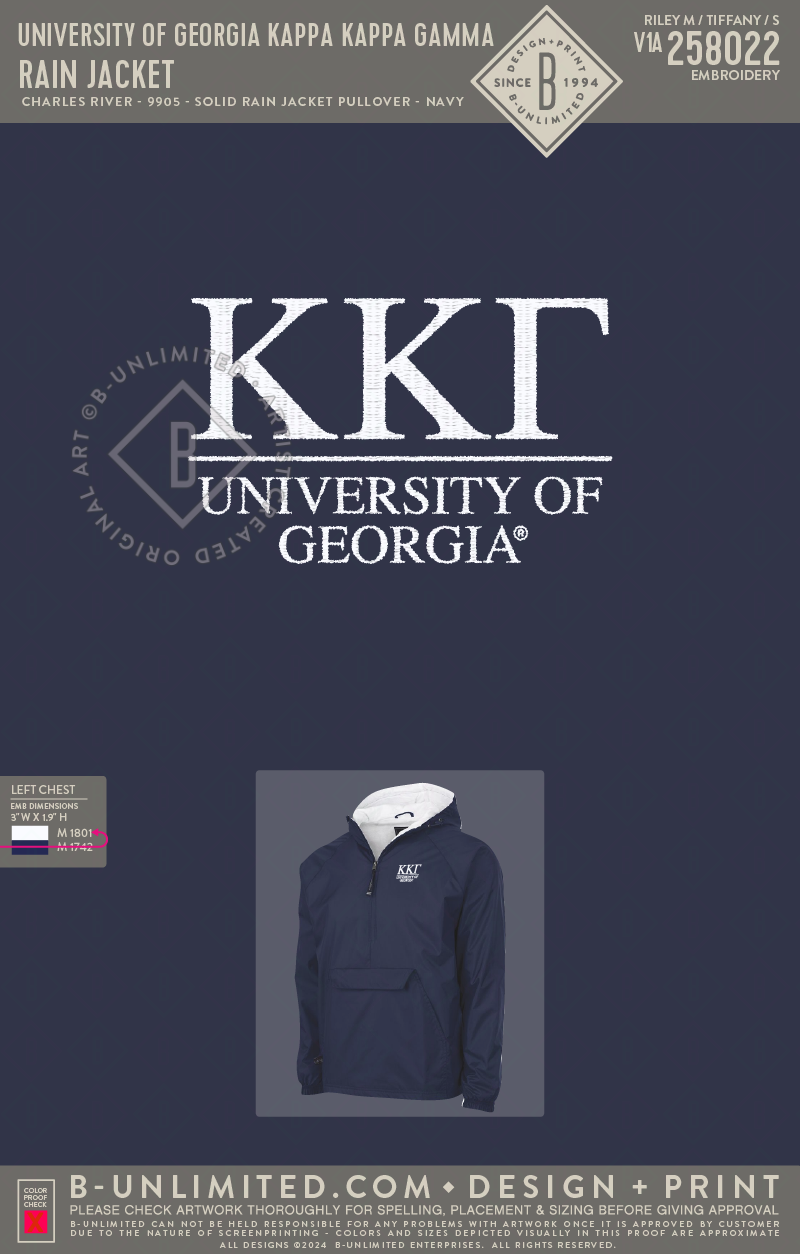 UGA KKG - Rain Jacket - Charles River - 9905 - Solid Rain Jacket Pullover - Navy