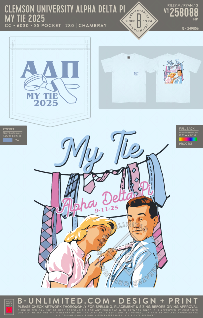 Clemson University Alpha Delta Pi - My Tie 2025 - CC - 6030 - SS Pocket - Chambray