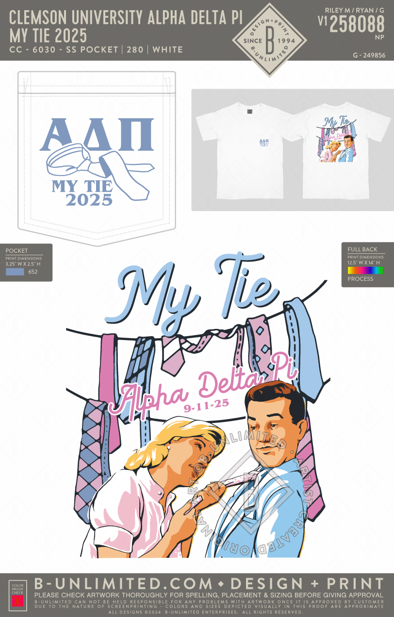 Clemson University Alpha Delta Pi - My Tie 2025 - CC - 6030 - SS Pocket - White