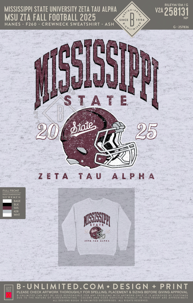 Mississippi State University Zeta Tau Alpha - MSU ZTA Fall Football 2025 - Hanes - F260 - Sweatshirt - Ash