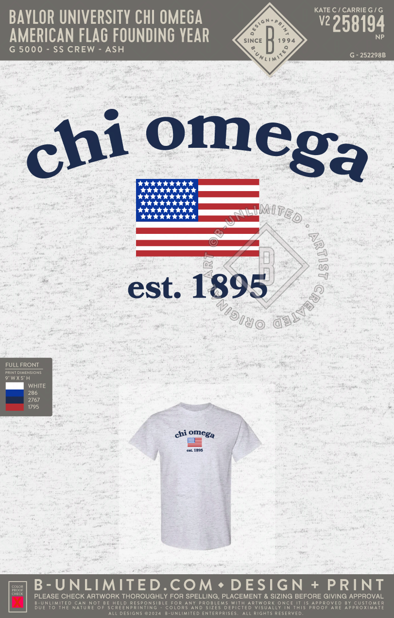 Baylor University Chi Omega - American Flag Founding Year - Gildan - 5000 - SS Crew - Ash Grey