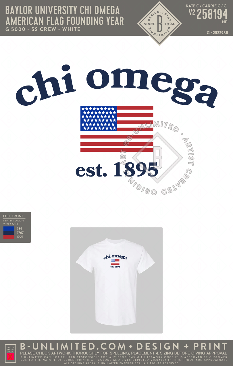 Baylor University Chi Omega - American Flag Founding Year - Gildan - 5000 - SS Crew - White