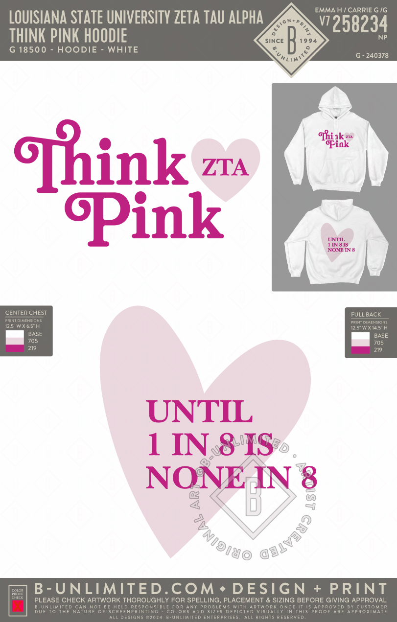 Louisiana State University Zeta Tau Alpha - Think Pink Hoodie - Gildan - 18500 - Hoodie - White