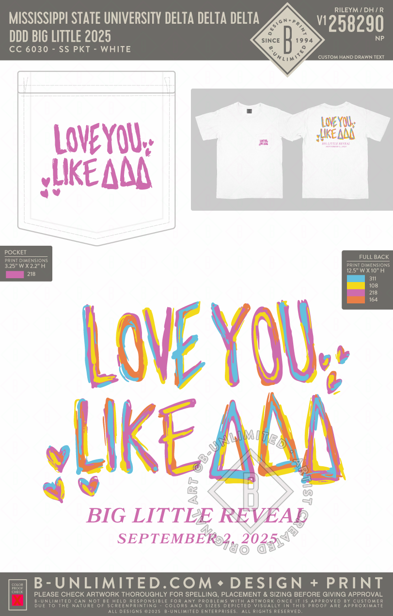 Mississippi State University Delta Delta Delta - DDD Big Little 2025 - CC - 6030 - SS Pocket - White