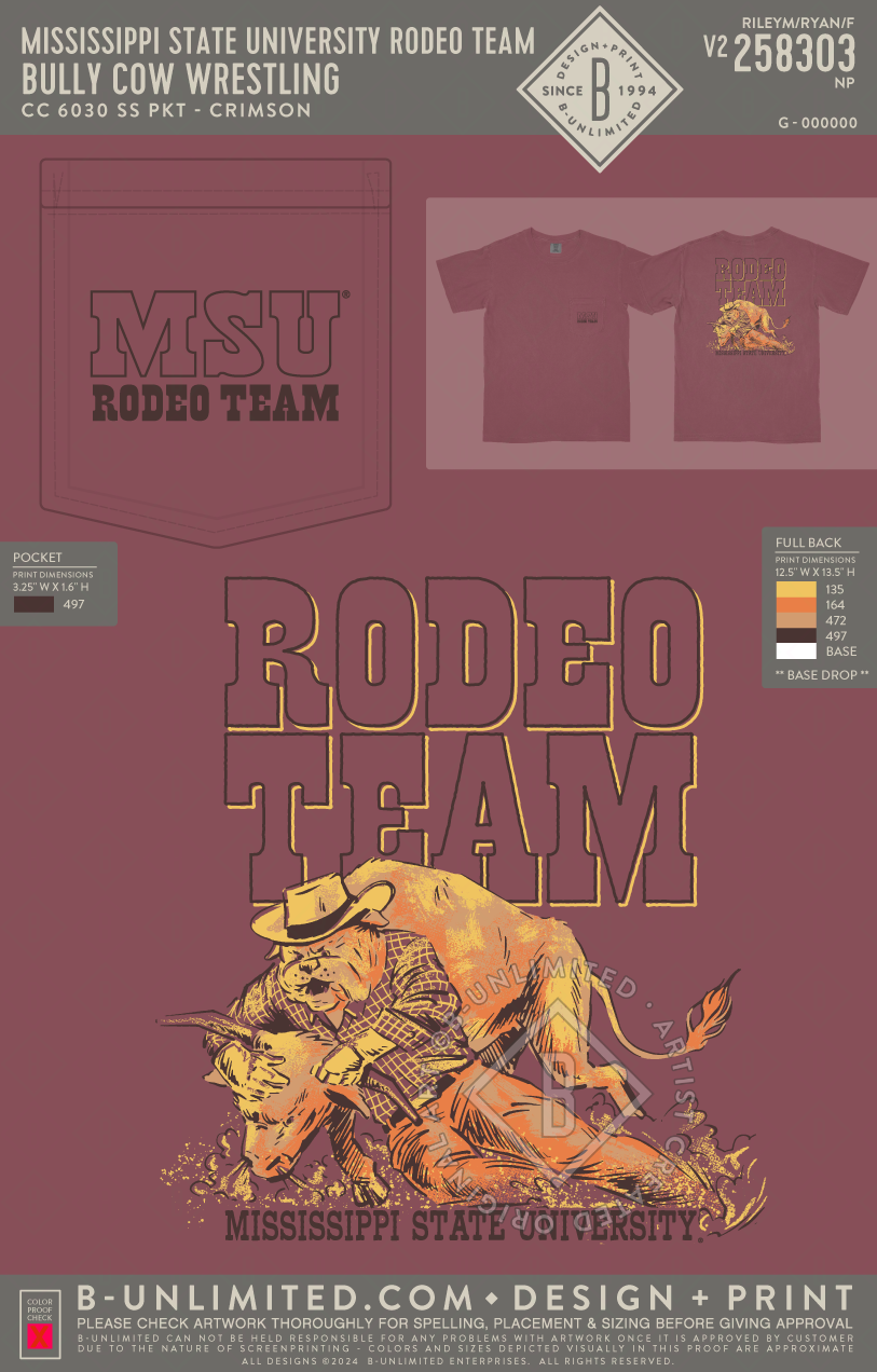 Mississippi State University Rodeo Team - Bully Cow Wrestling - CC - 6030 - SS Pocket - Crimson