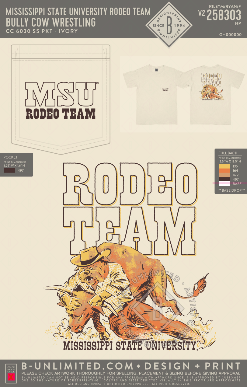 Mississippi State University Rodeo Team - Bully Cow Wrestling - CC - 6030 - SS Pocket - Ivory
