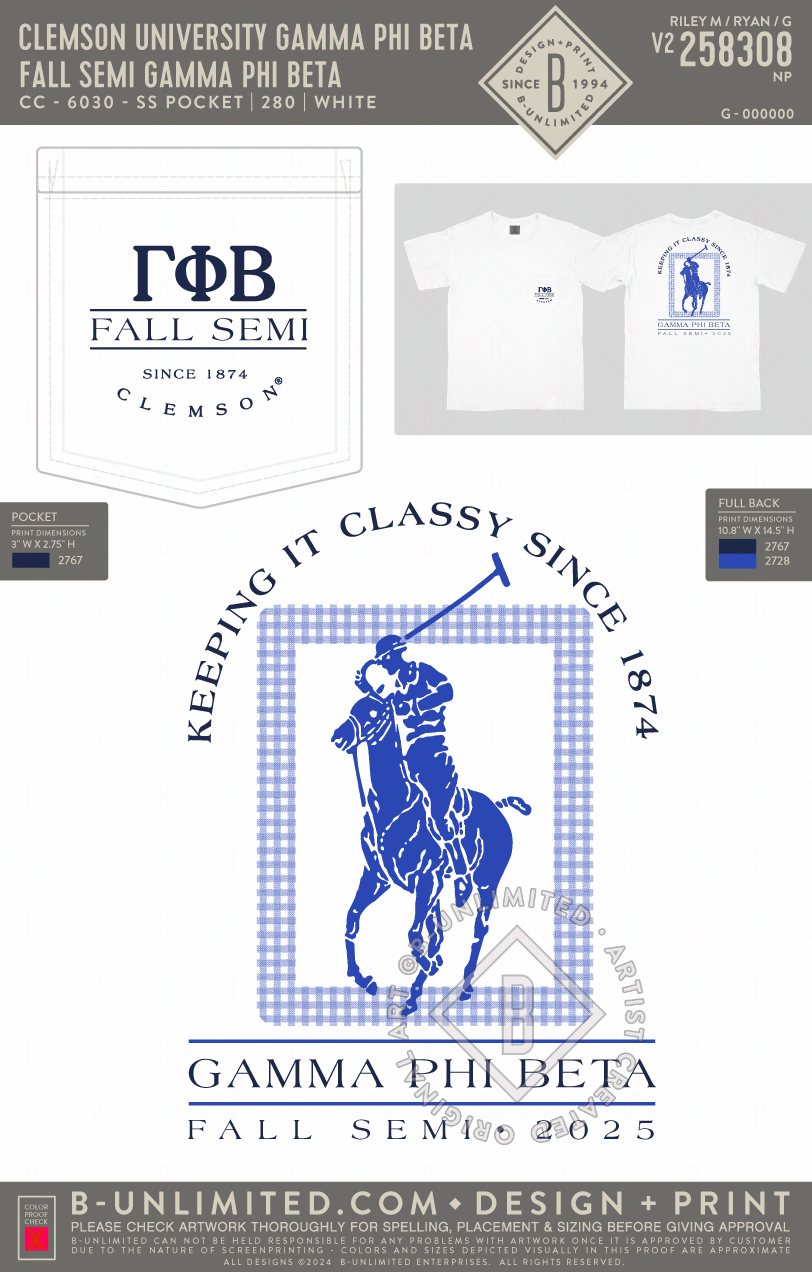Clemson University Gamma Phi Beta - Fall Semi Gamma Phi Beta - CC - 6030 - SS Pocket - White