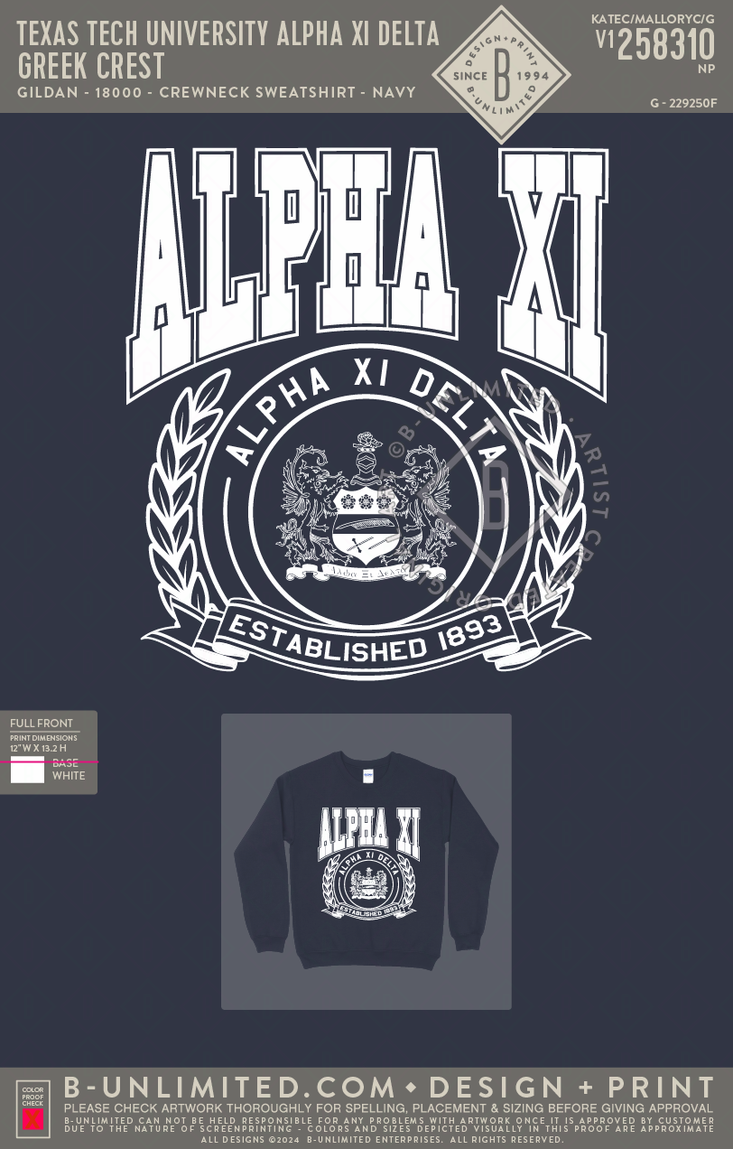 Texas Tech University Alpha Xi Delta - Greek Crest - Gildan - 18000 - Crewneck Sweatshirt - Navy