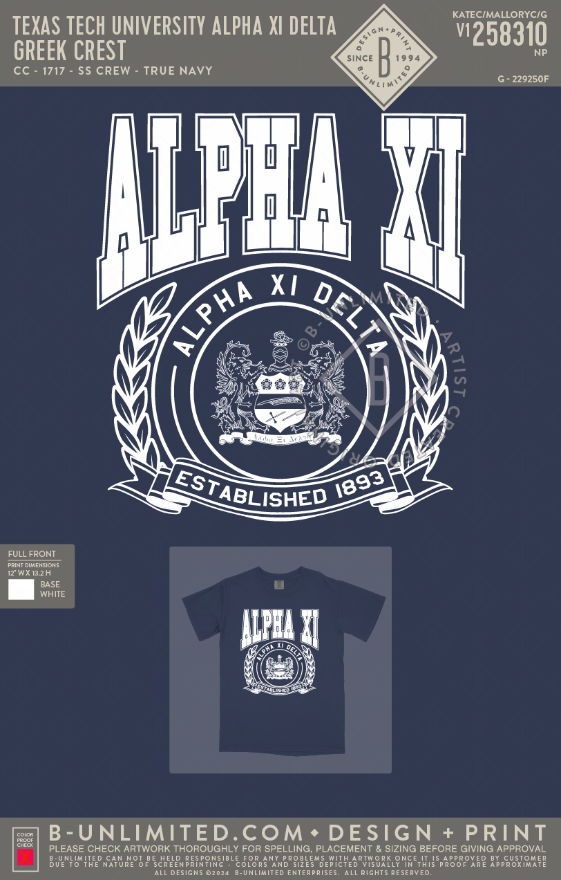 Texas Tech University Alpha Xi Delta - Greek Crest - CC - 1717 - SS Crew - True Navy