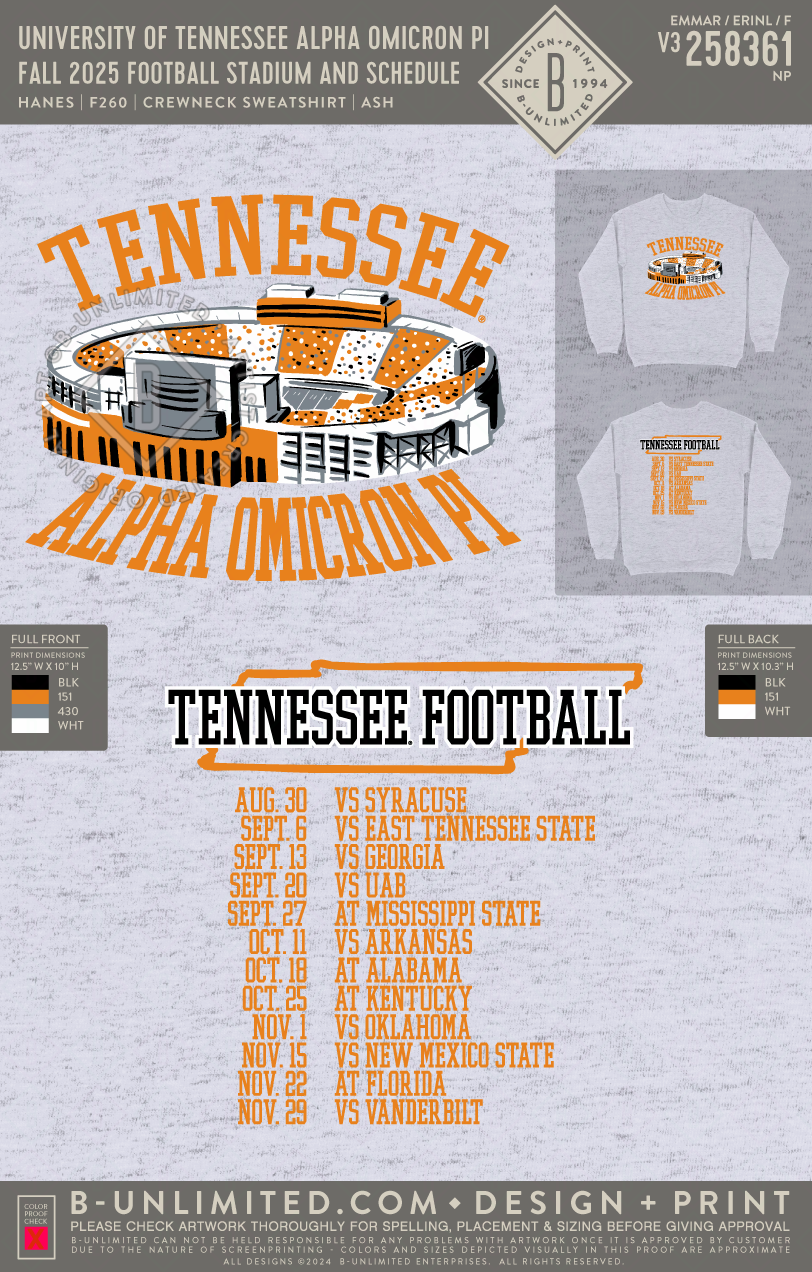 University of Tennessee Alpha Omicron Pi - Fall 2025 Football Stadium and Schedule - Hanes - F260 - Sweatshirt - Ash