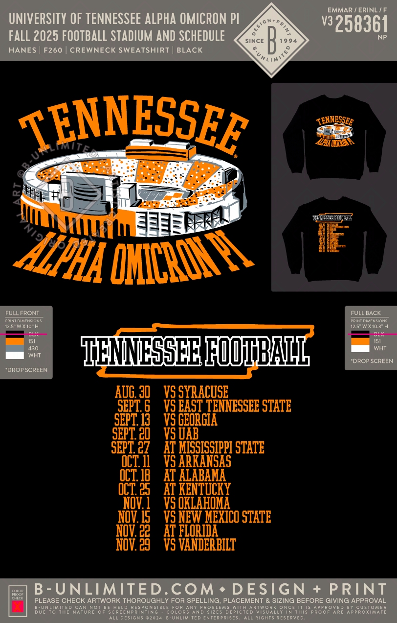 University of Tennessee Alpha Omicron Pi - Fall 2025 Football Stadium and Schedule - Hanes - F260 - Sweatshirt - Black