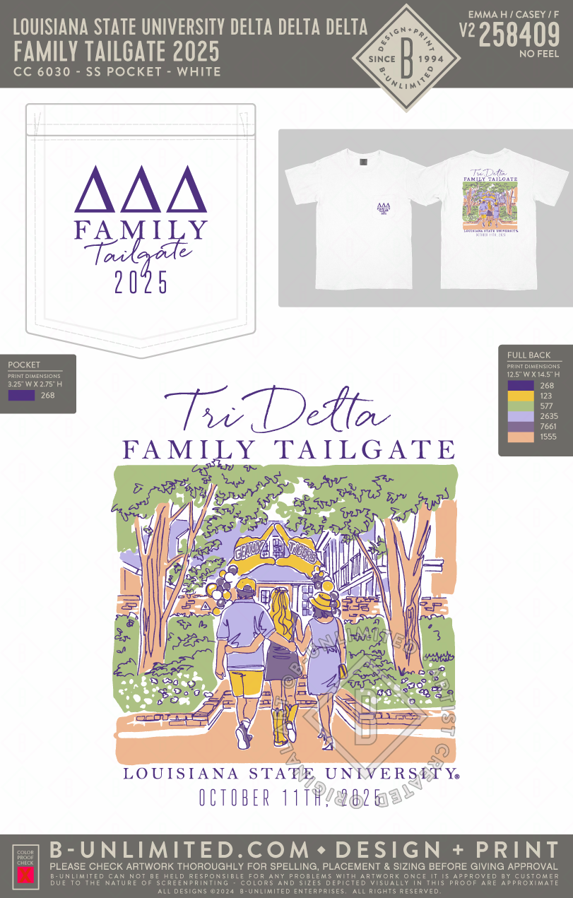Louisiana State University Delta Delta Delta - Family Tailgate 2025 - CC - 6030 - SS Pocket - White