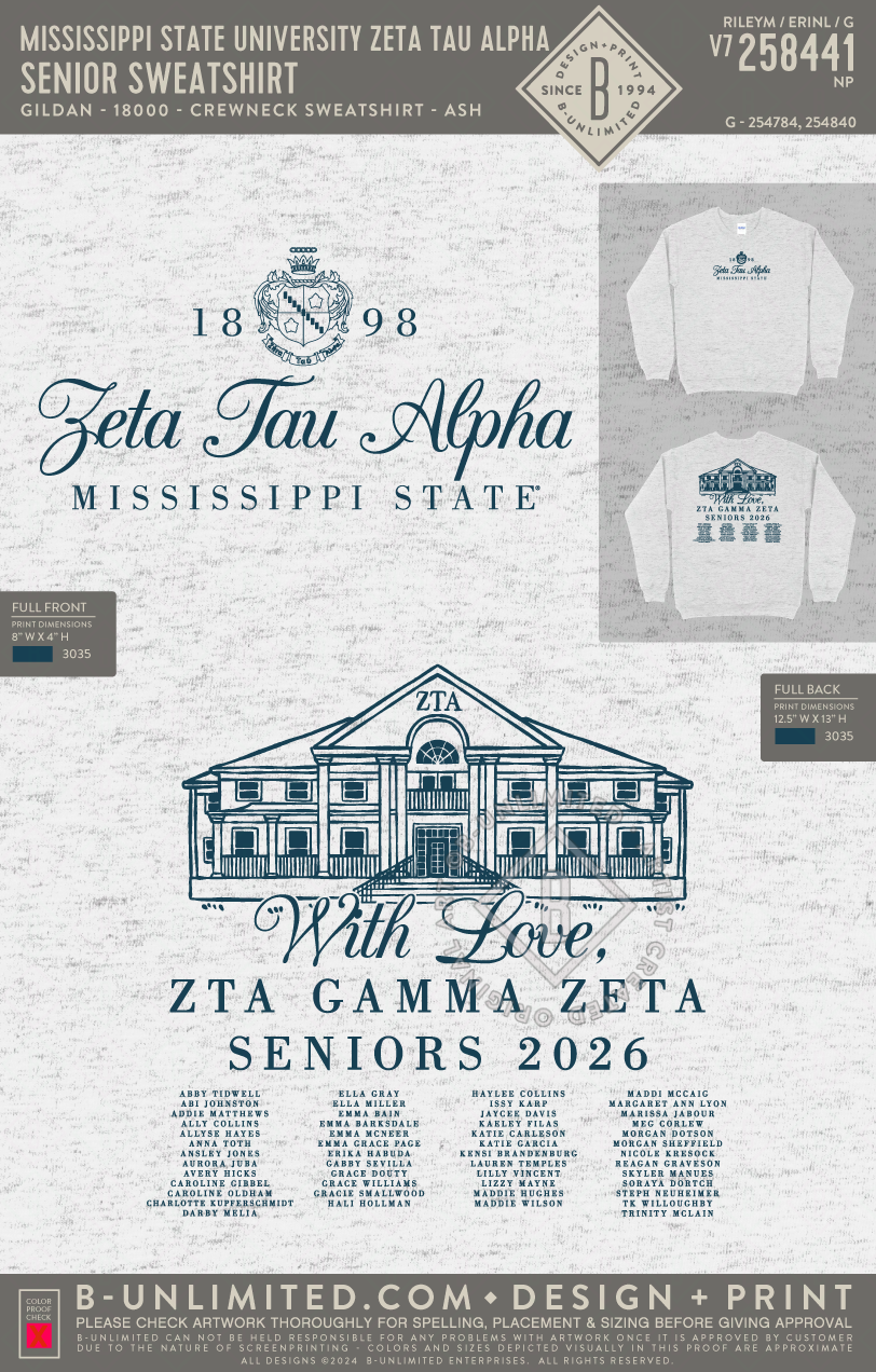 Mississippi State University Zeta Tau Alpha - Senior Sweatshirt - Gildan - 18000 - Crewneck Sweatshirt - Ash Grey