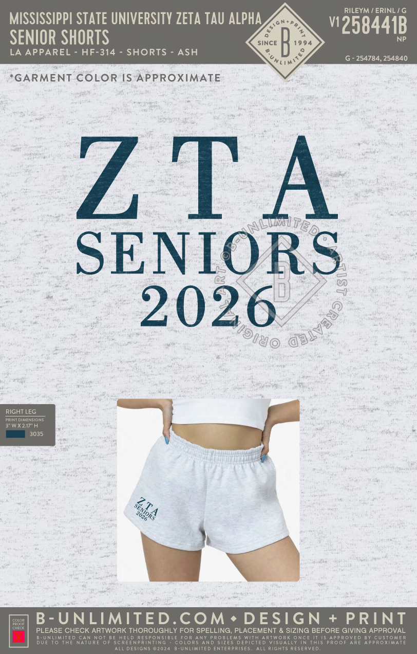 Mississippi State University Zeta Tau Alpha - Senior Shorts - LA Apparel - HF-314 - Ash