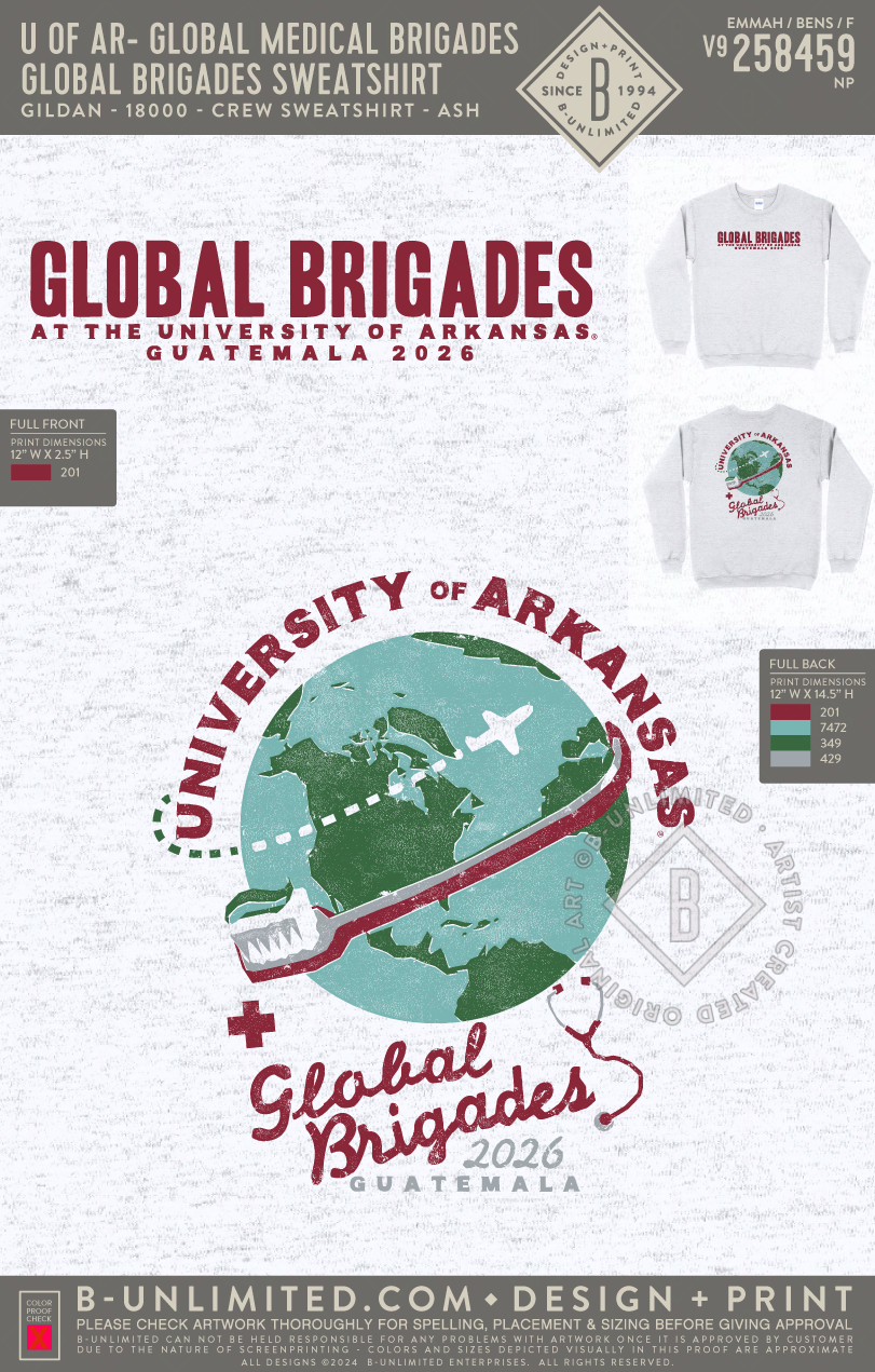 University of Arkansas Global Medical Brigades - Global Brigades Sweatshirt - Gildan - 18000 - Crewneck Sweatshirt - Ash Grey