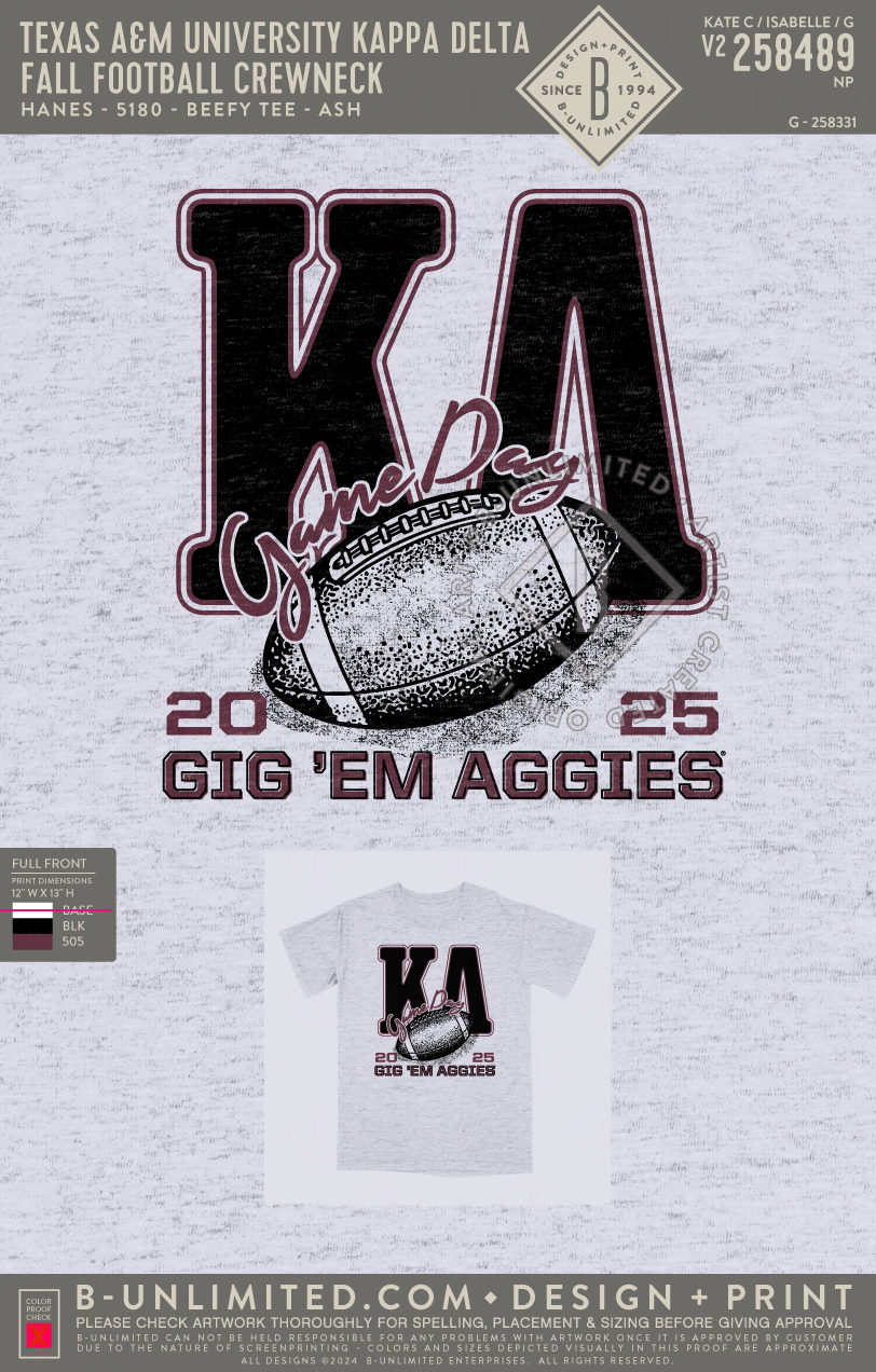 Texas A&M University Kappa Delta - Fall Football Tee - Hanes - 5180 - SS Beefy Crew - Ash