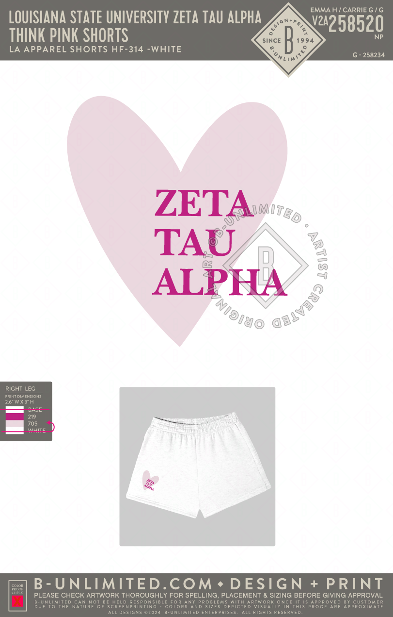 Louisiana State University Zeta Tau Alpha - Think Pink Shorts - LA Apparel - HF-314 - White