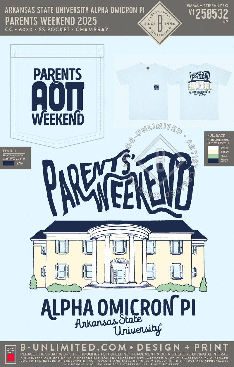 Arkansas State University Alpha Omicron Pi - Parents Weekend 2025 - CC - 6030 - SS Pocket - Chambray