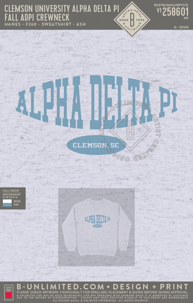 Clemson University Alpha Delta Pi - Fall ADPI Crewneck - Hanes - F260 - Sweatshirt - Ash