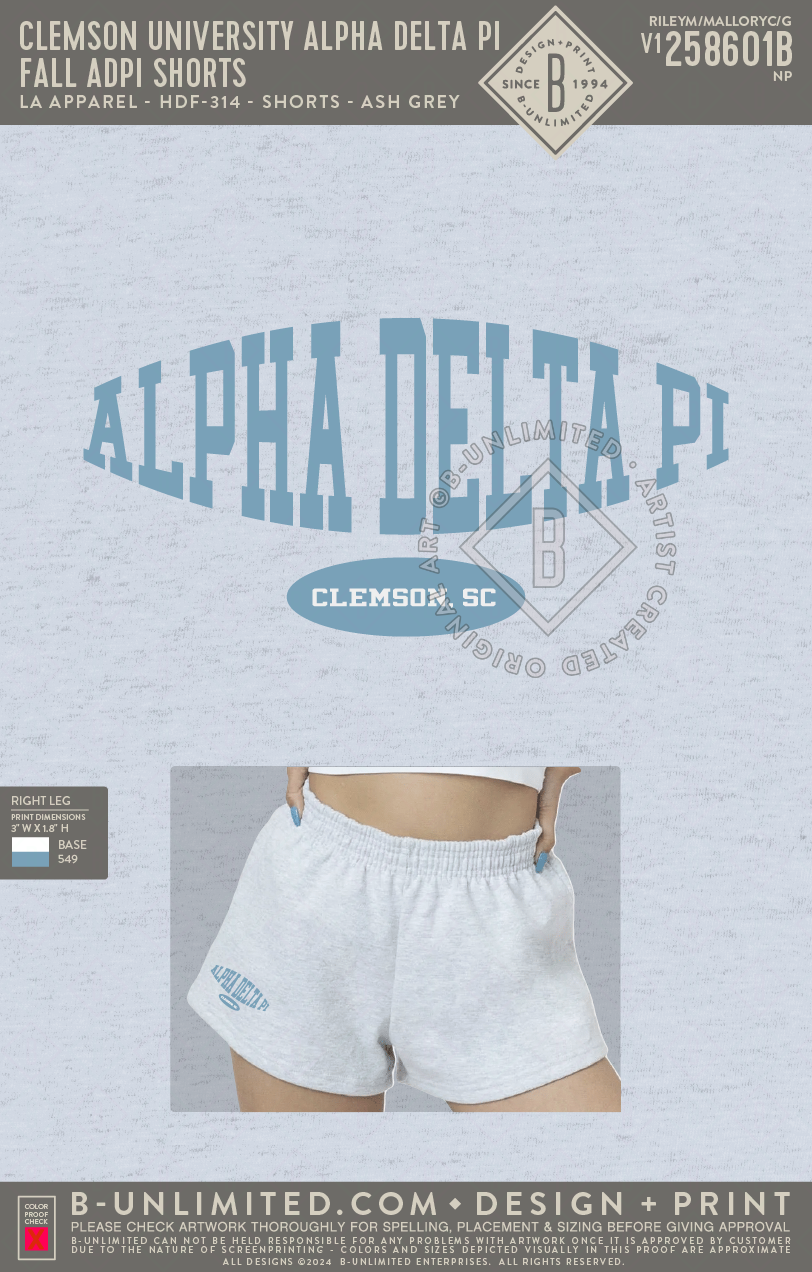 Clemson University Alpha Delta Pi - Fall ADPI Shorts - LA Apparel - HF-314 - Ash