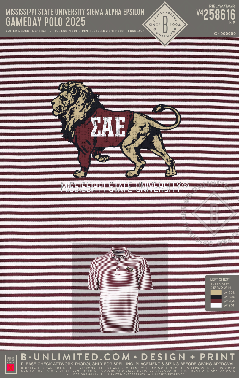 Mississippi State University Sigma Alpha Epsilon - Gameday Polo 2025 - Cutter & Buck - MCK01168 - Virtue Eco Pique Stripe Recycled Mens Polo - Bordeaux
