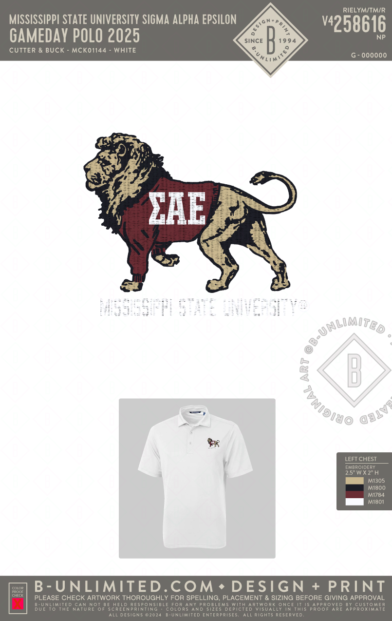 Mississippi State University Sigma Alpha Epsilon - Gameday Polo 2025 - Cutter & Buck - MCK01144 - Polo - White