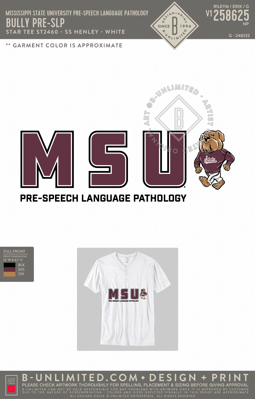 Mississippi State University Pre-Speech Language Pathology - Bully Pre-SLP - Star Tee - ST2460 - SS Henley - White