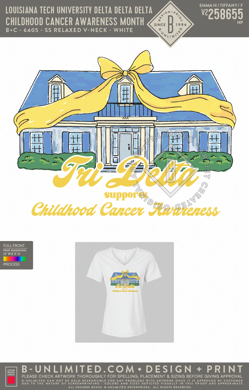 Louisiana Tech University Delta Delta Delta - Childhood Cancer Awareness Month - B+C - 6405 - SS Relaxed V-Neck - White