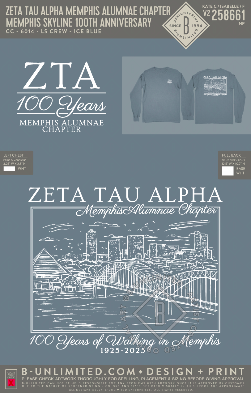 Zeta Tau Alpha Memphis Alumnae Chapter - Memphis Skyline 100th Anniversary - CC - 6014 - LS Crew - Ice Blue