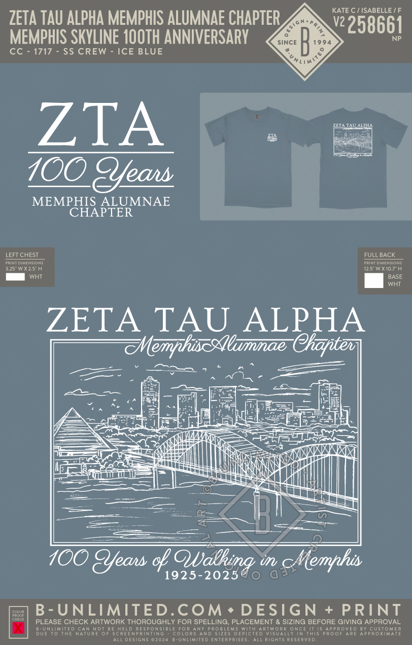 Zeta Tau Alpha Memphis Alumnae Chapter - Memphis Skyline 100th Anniversary - CC - 1717 - SS Crew - Ice Blue