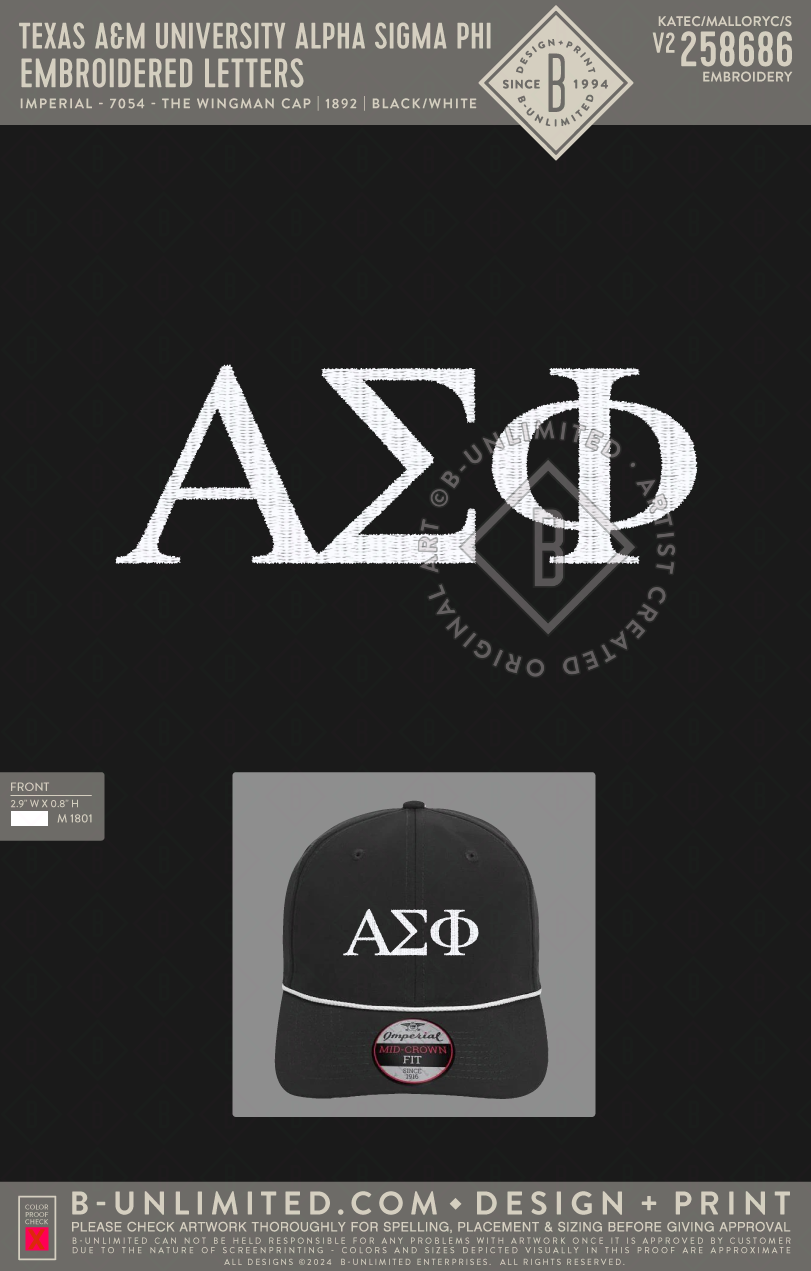 Texas A&M University Alpha Sigma Phi - Embroidered Letters - Imperial - 7054 - The Wingman Cap - Black/White